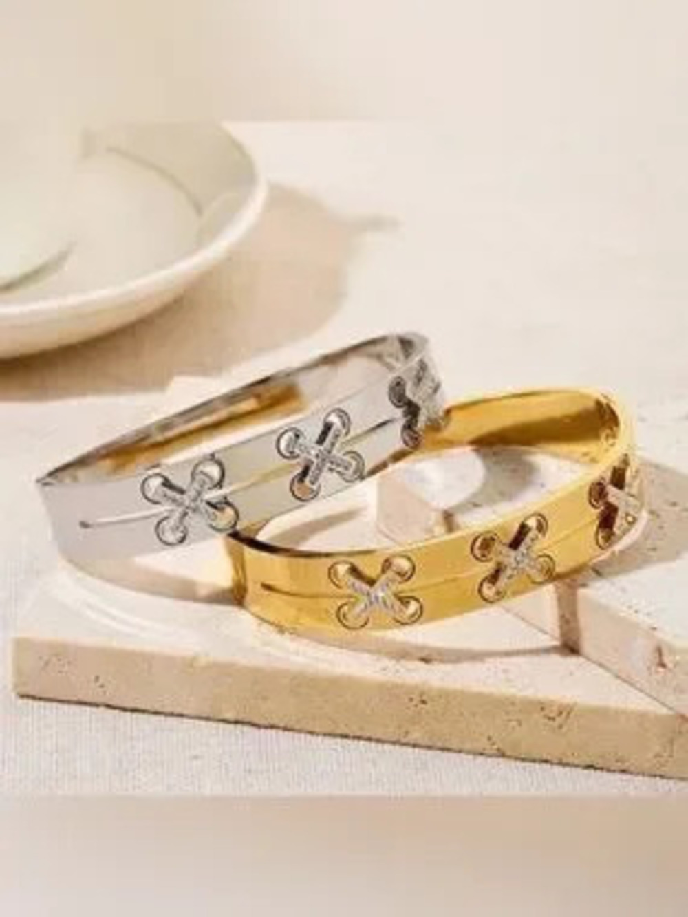 18K Gold Diamond Accent X Criss Cross Inspired Bangle Bracelet No Tarnish/Fade